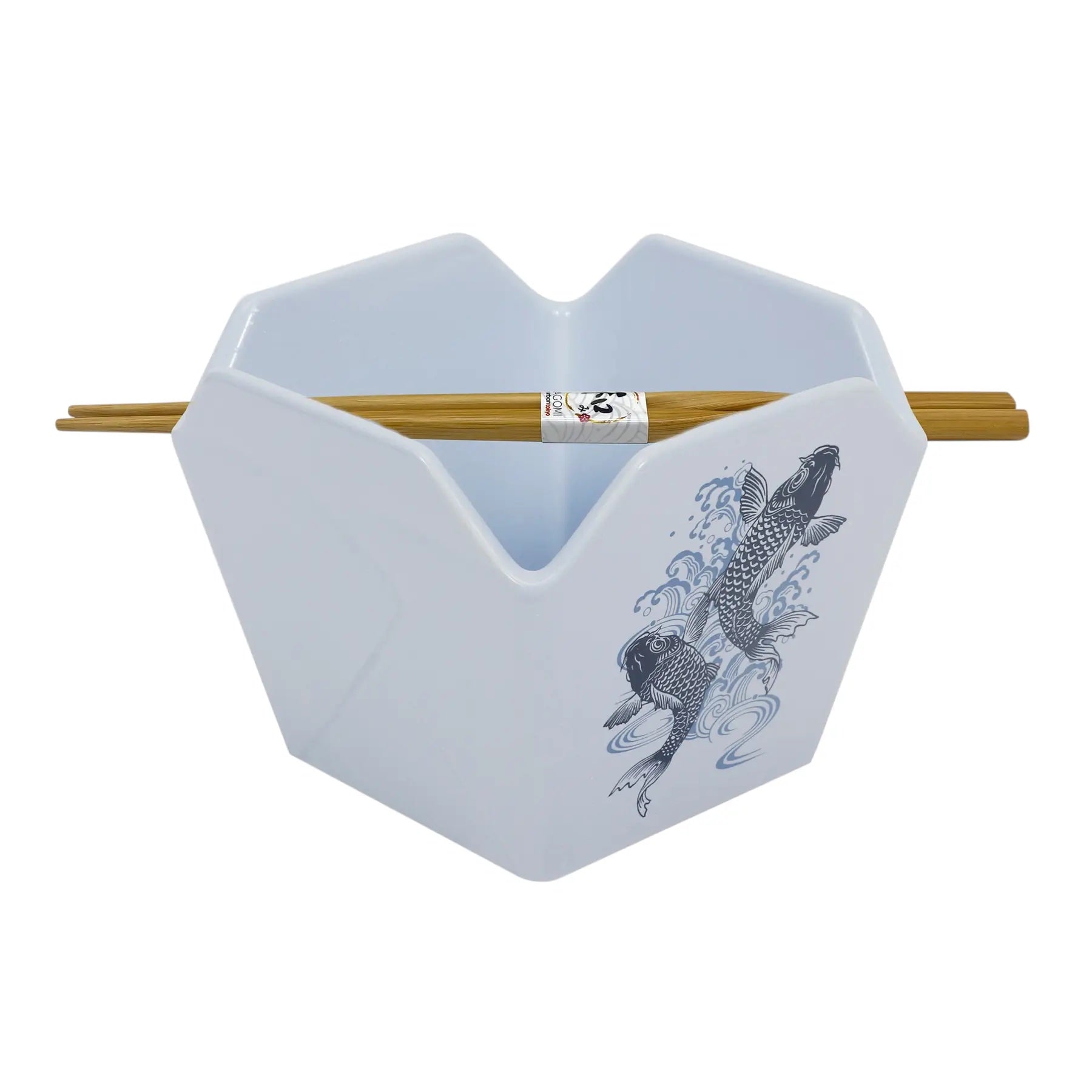 A white hexagonal chopstick holder with a koi fish graphic, holding a pair of wooden chopsticks, on a white background.