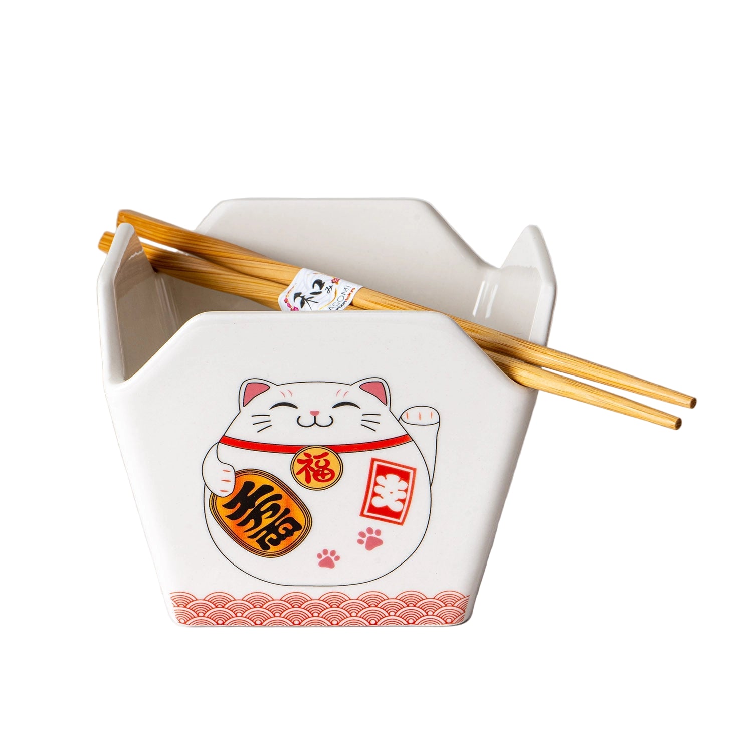 White container with a cartoon lucky cat design and wooden chopsticks on a white background.