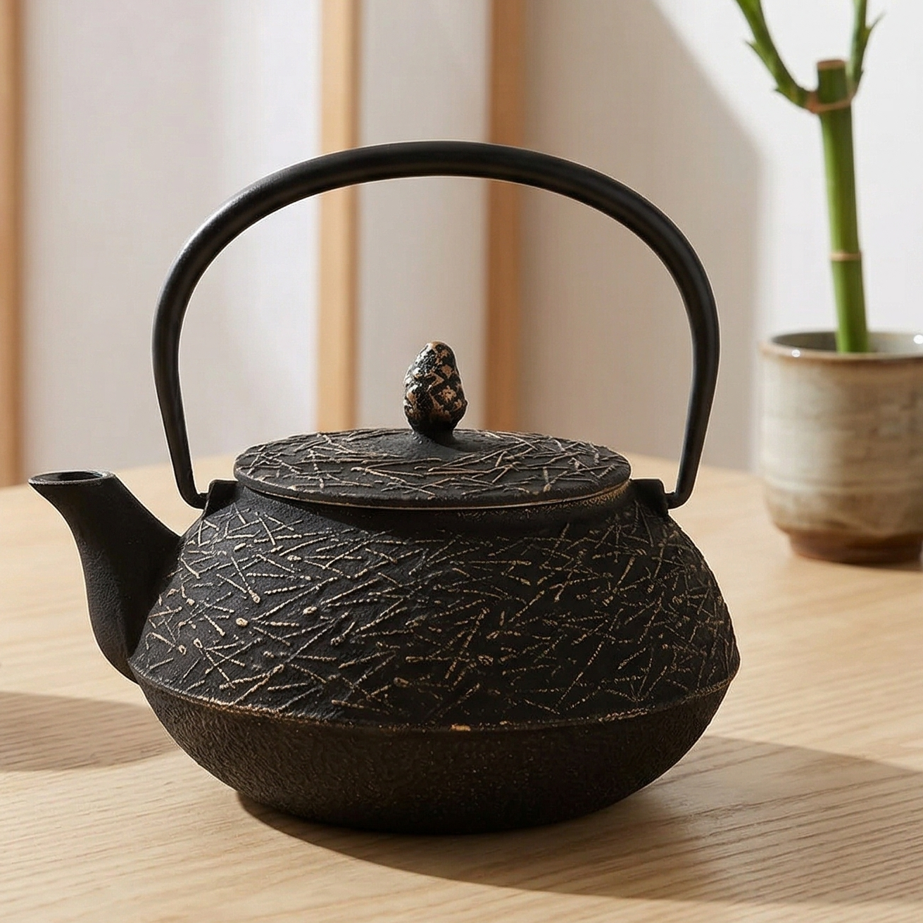 Black cast iron teapot and cup on a wooden table with a plant in the background