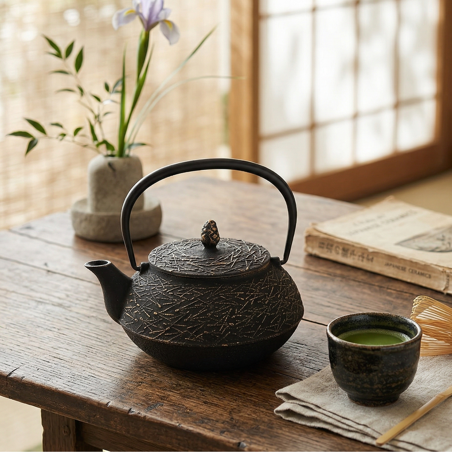 Tea set with black teapot, cup, and whisk on a wooden table with a blurred background