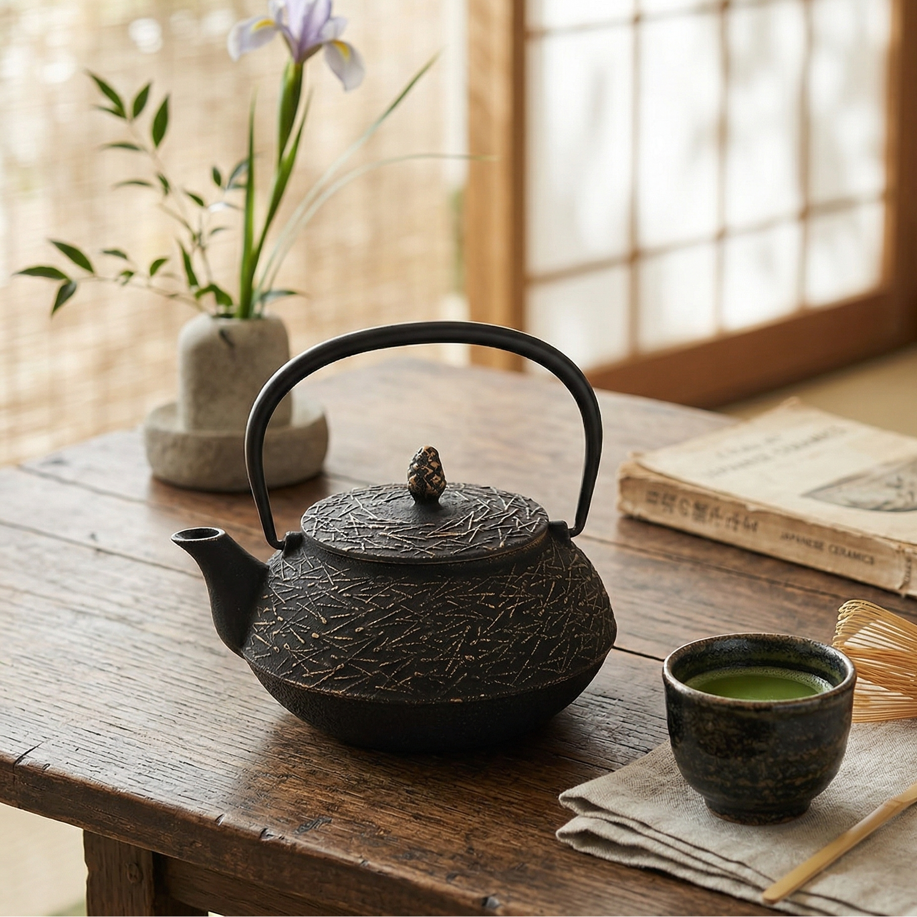Tea set with black teapot, cup, and whisk on a wooden table with a blurred background
