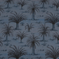 A close-up of a fabric or wallpaper pattern featuring black palm tree silhouettes on a muted blue-gray background.