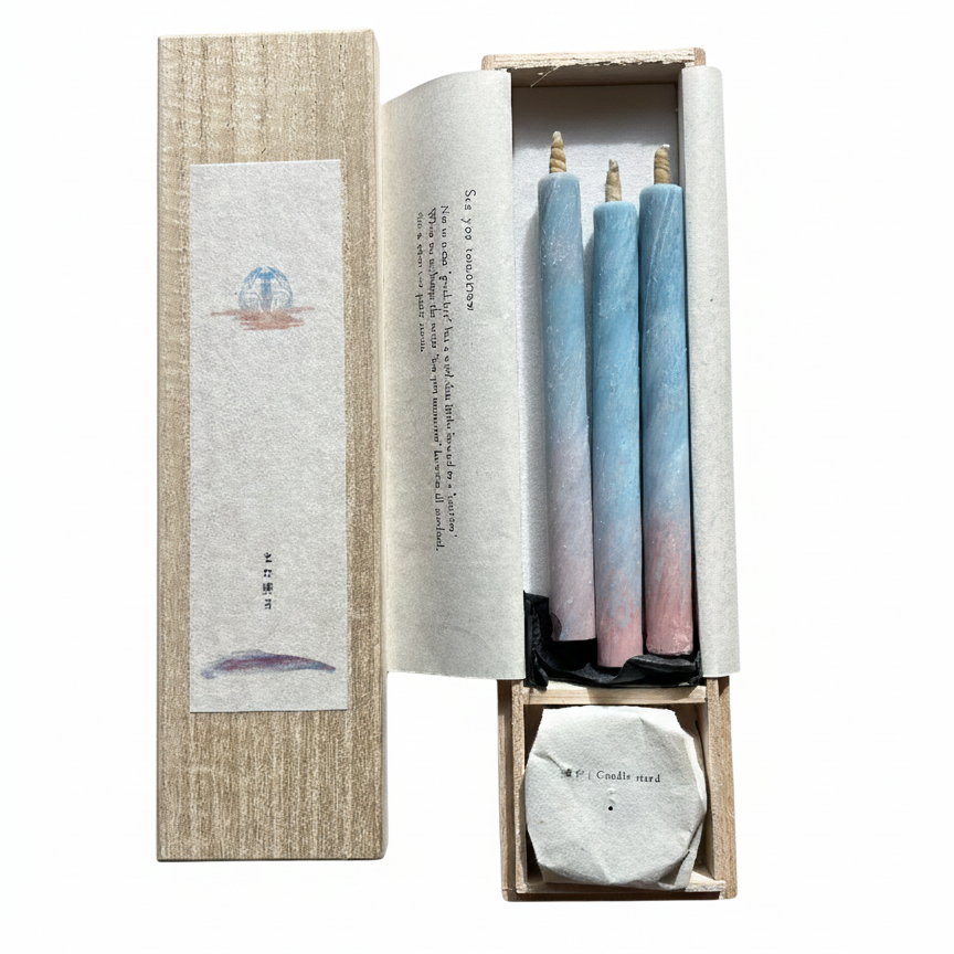 Three blue and pink candles in a wood box on a white background.