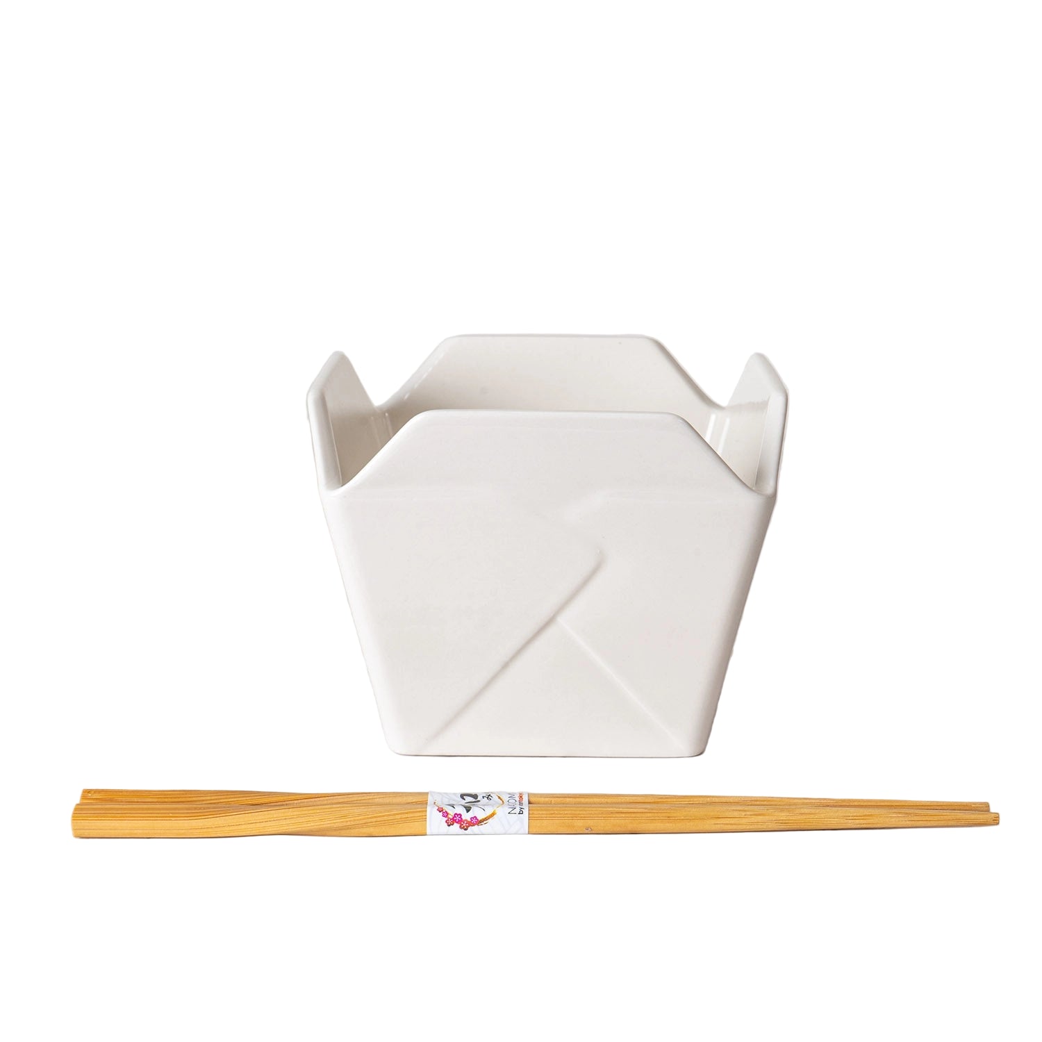 White ceramic take out box and chopsticks on a white background.