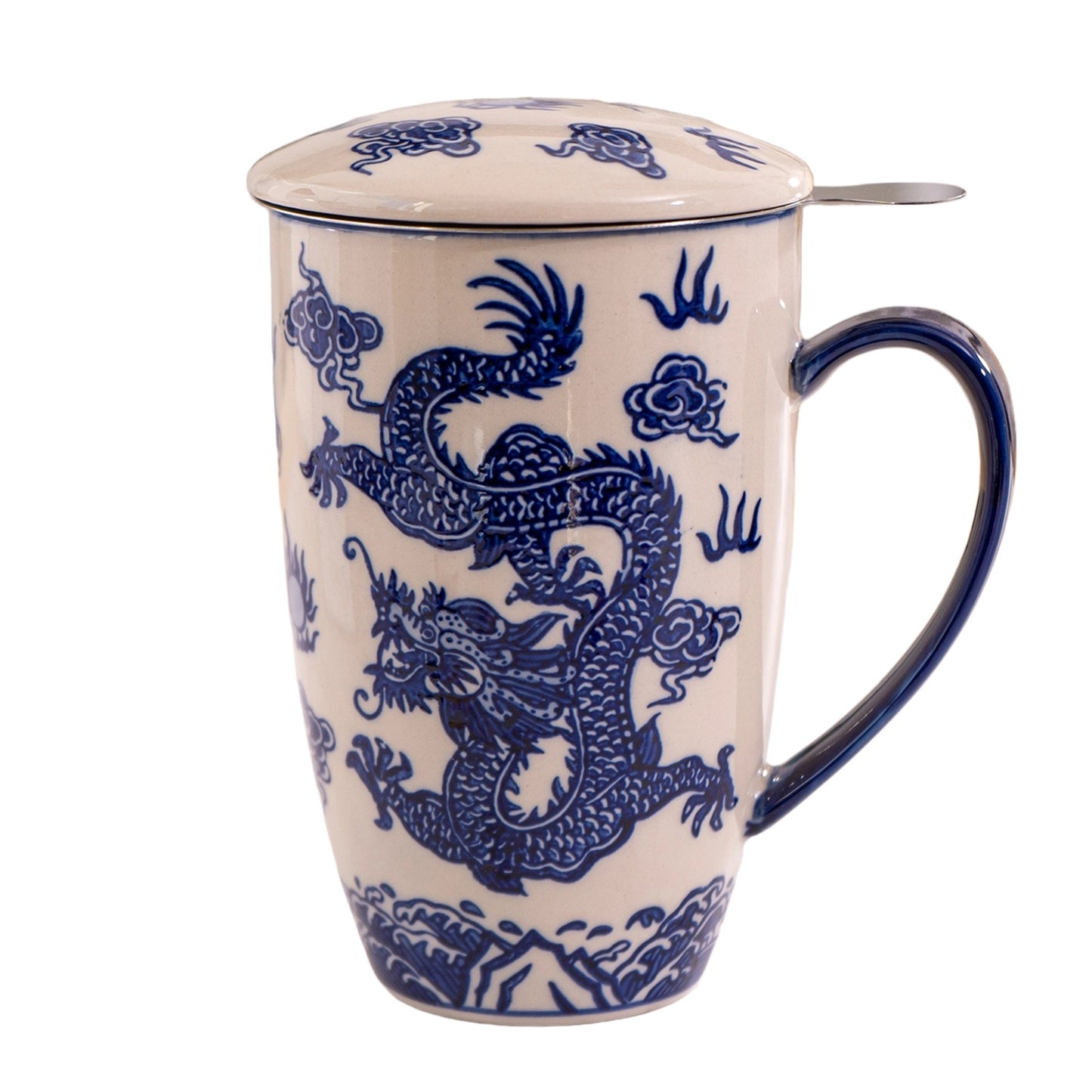 A tall ceramic mug with a matching lid and metal tea infuser, decorated with a blue dragon and cloud pattern on a cream-colored glaze, isolated on a white background.