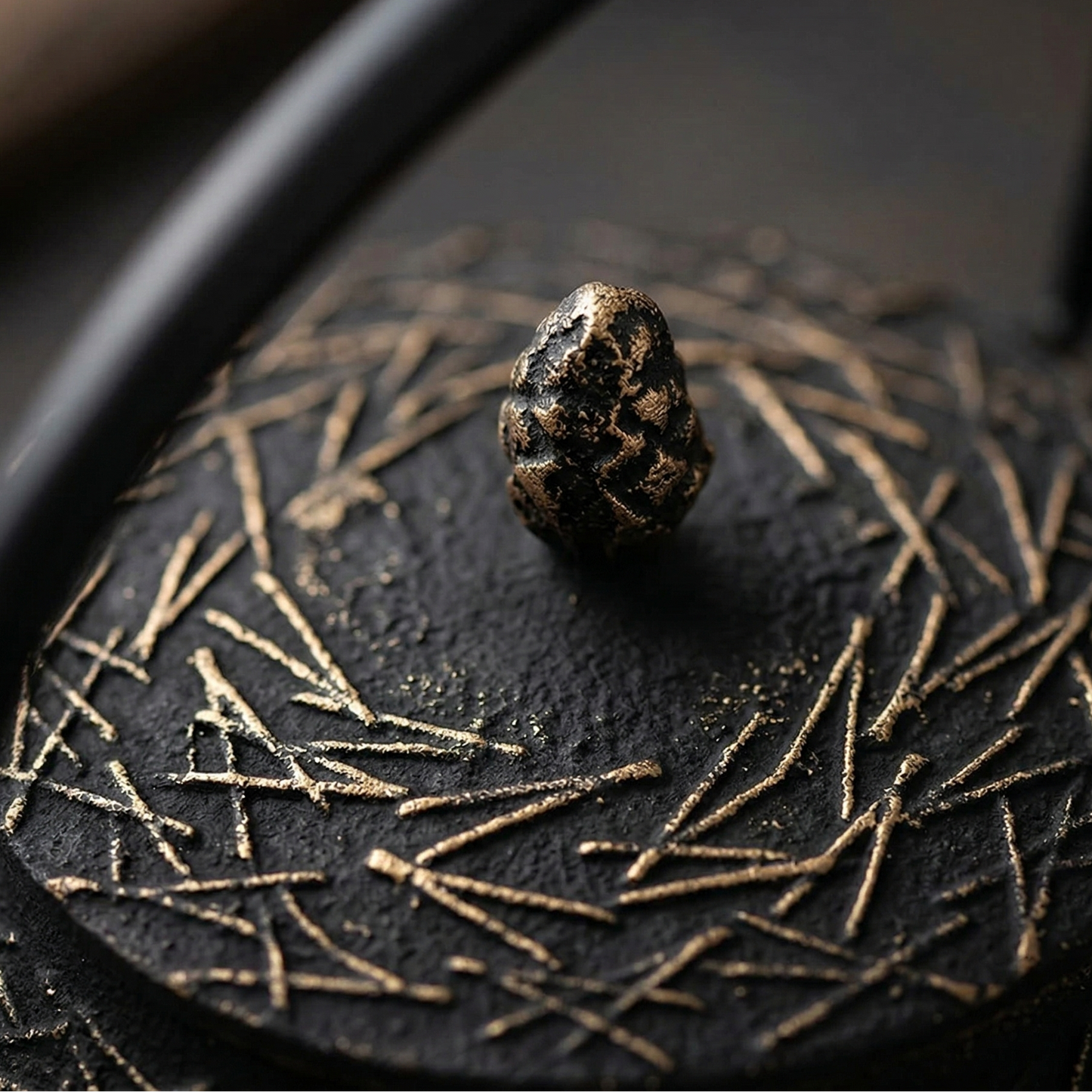 Close-up of a textured black surface with a small stone-like object on top