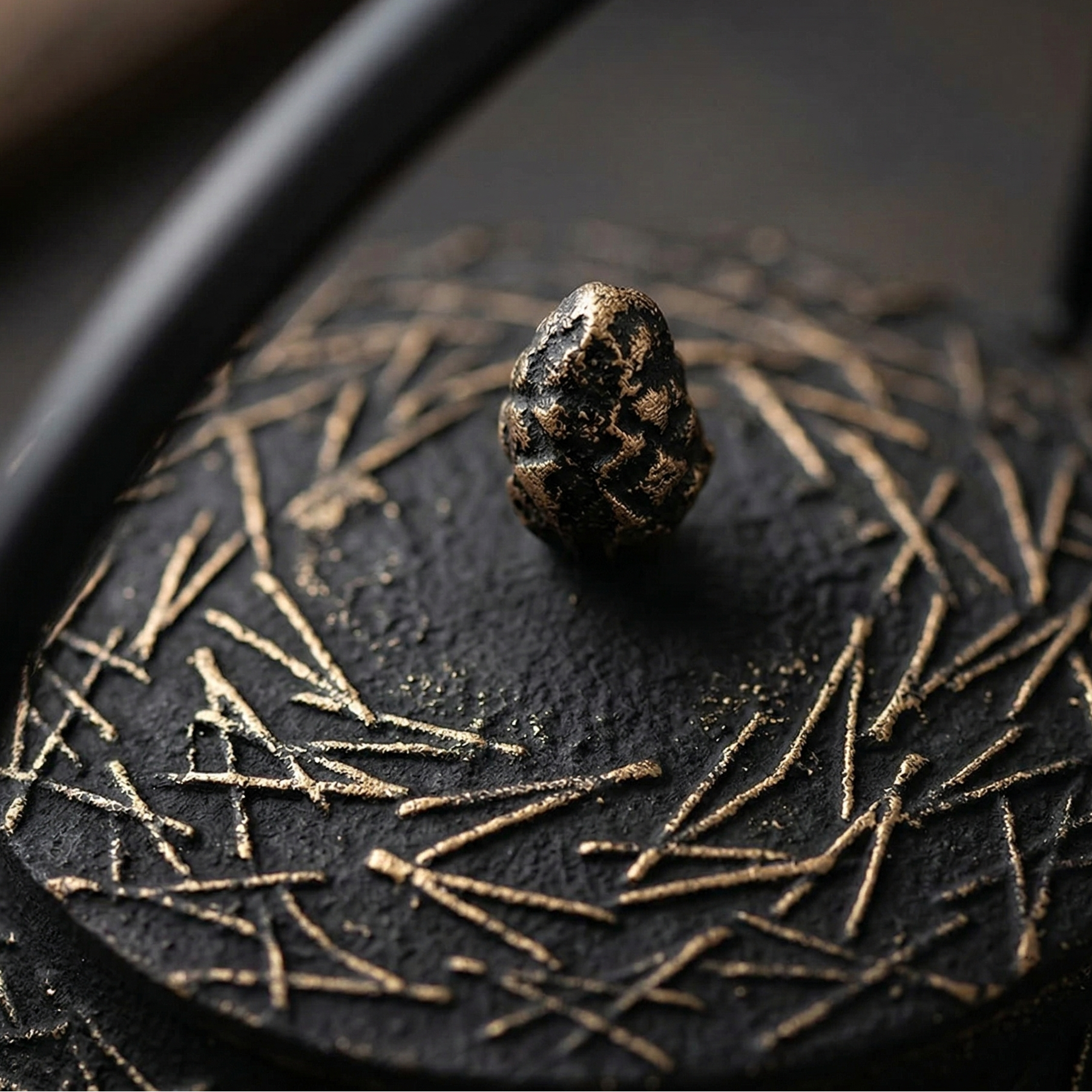 Close-up of a textured black surface with a small stone-like object on top