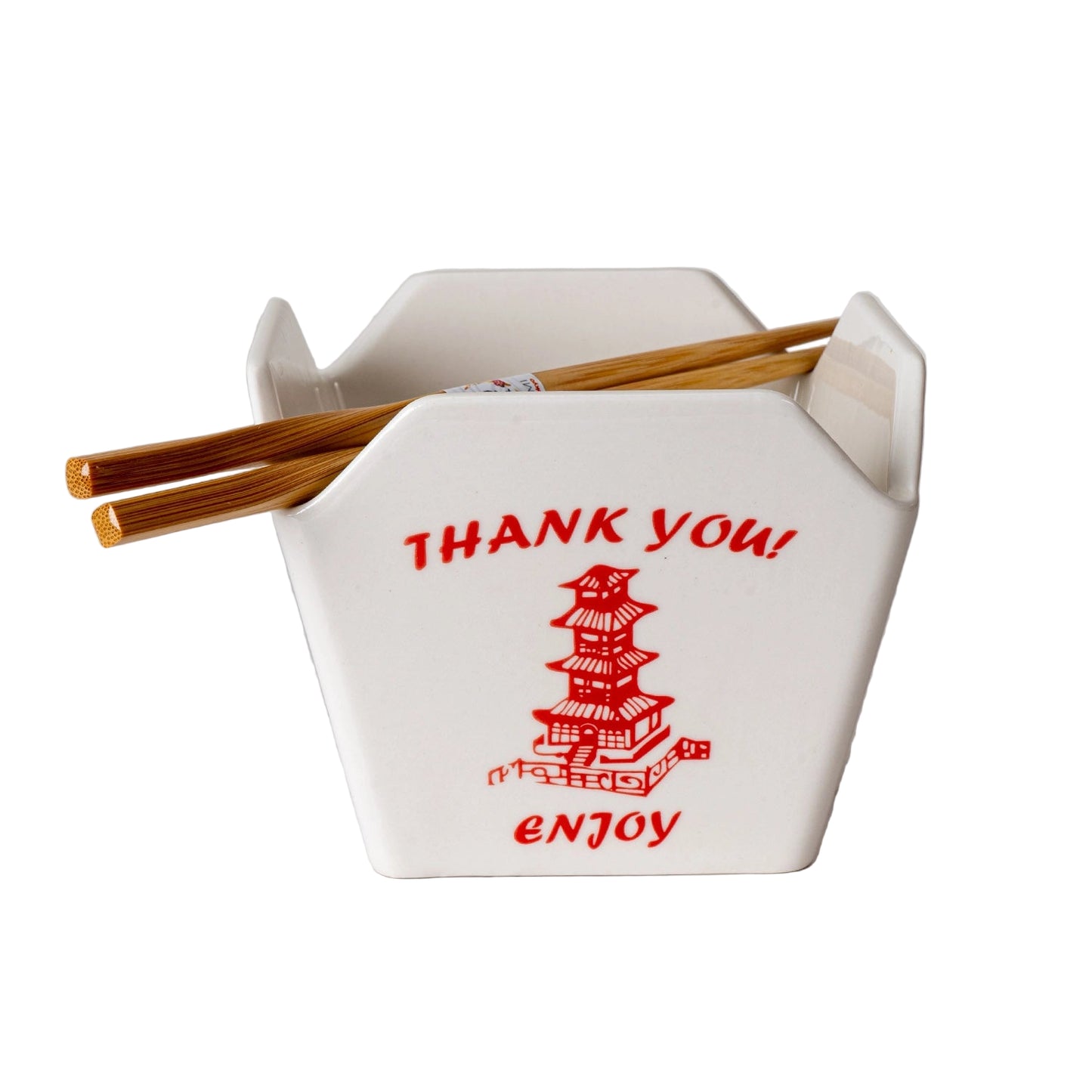 White ceramic noodle bowl with chopsticks and red text on a white background.